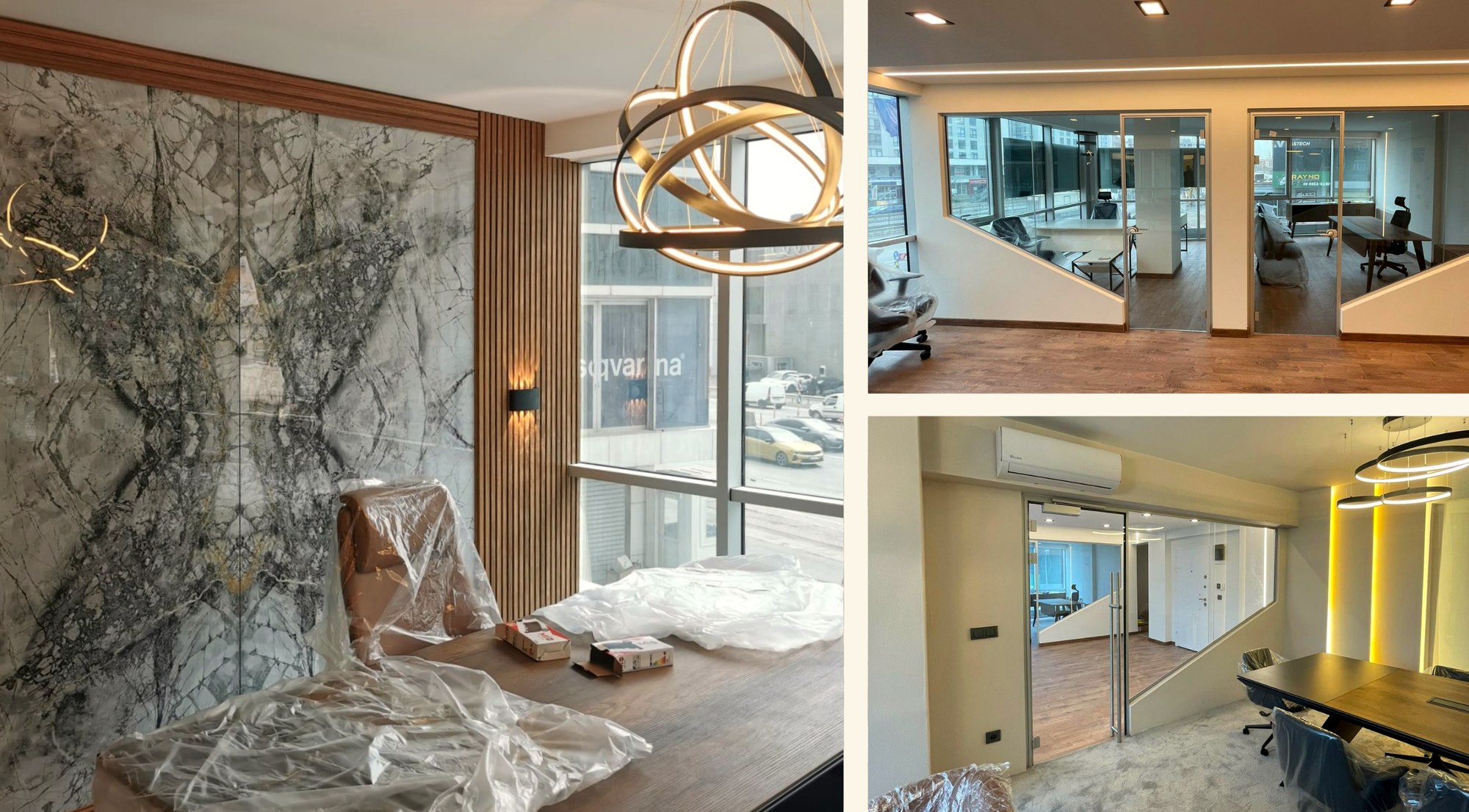 Omega Tech Office, marble feature wall and glass meeting rooms