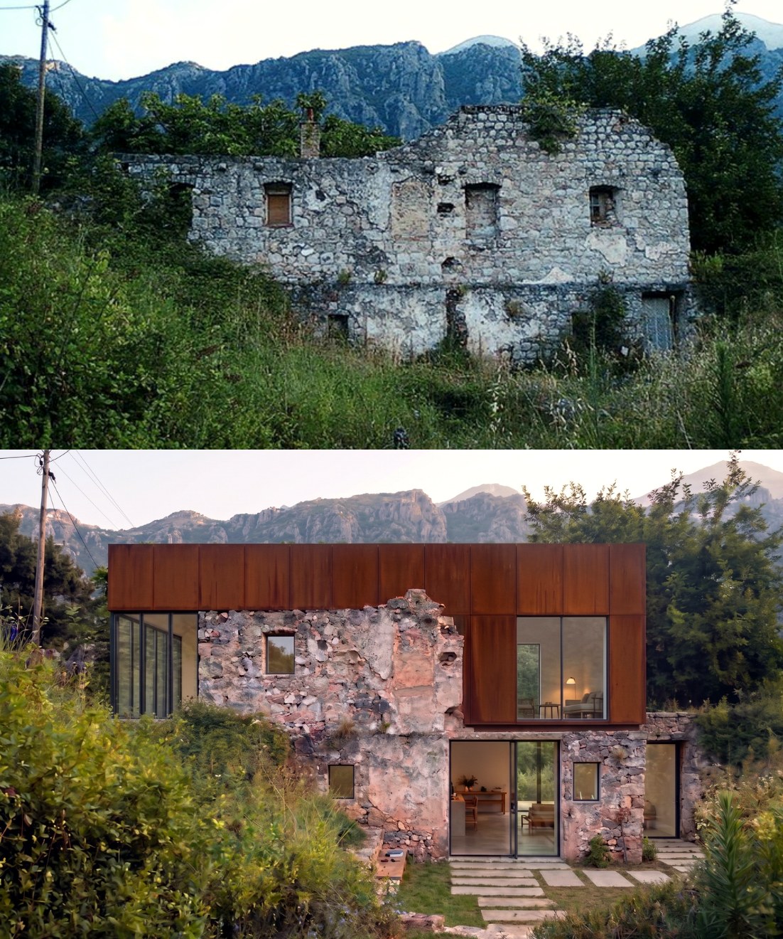 Abandoned stone house in Kumbor, before and after concept